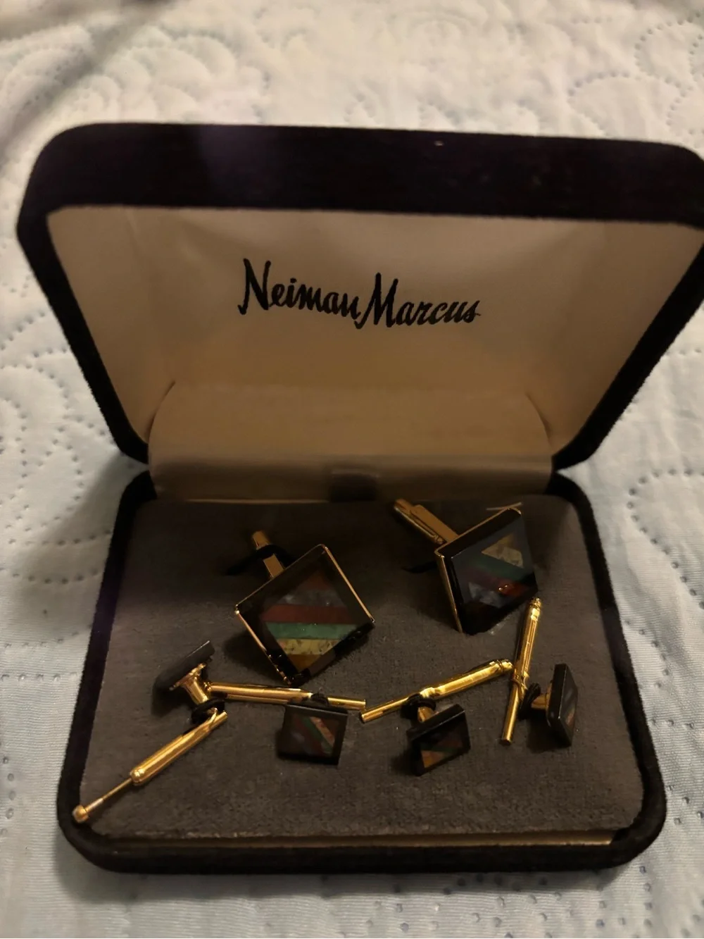 Hayward Cuff Links and Studs 14k Gold w Inlaid Stones from Neiman Marcus